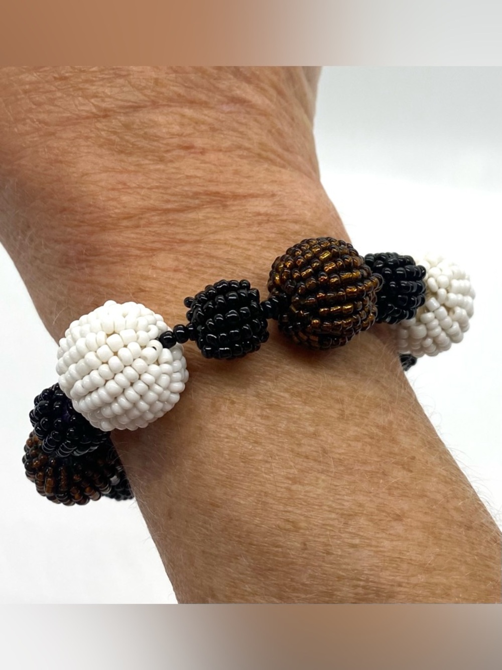 Black White Brown Beaded Stretch Bracelet Boho Chunky Eclectic Whimsigoth Fairy - Picture 2 of 7